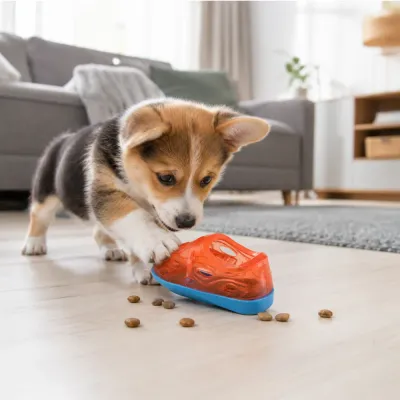 Small puppy playing with an orange shoe-shaped treat dispensing toy on a living room floor