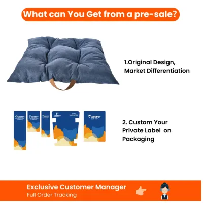 Blue cushioned dog mat with custom private label packaging and pre-sale order support.