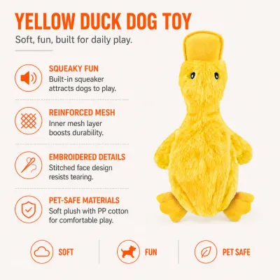Yellow duck squeaky plush dog toy with reinforced mesh embroidered details and pet-safe materials