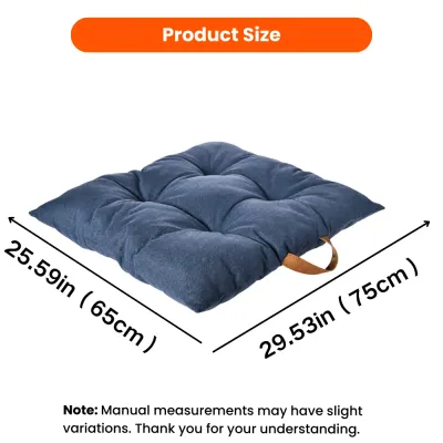 Blue cushioned dog mat measuring 29.53 by 25.59 inches or 75 by 65 centimeters.