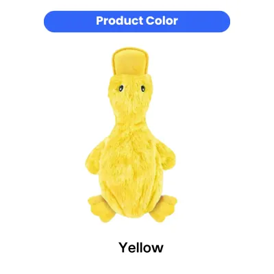 Yellow color option of the duck-shaped plush dog toy displayed on a white background