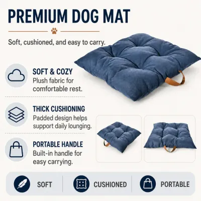 Premium blue dog mat with thick cushioning, soft fabric and a built-in portable carry handle.
