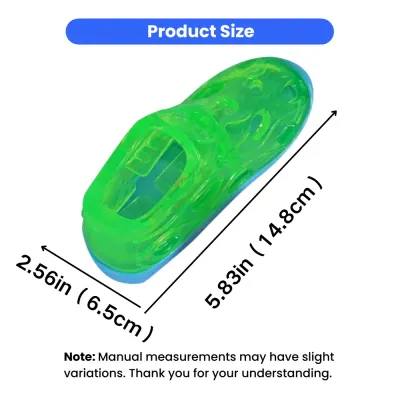 Green dog shoe treat toy measuring 5.83 inches long and 2.56 inches wide