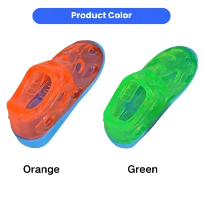 Orange and green shoe-shaped dog treat toys with blue bases shown as available color options