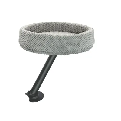 Gray elevated cat bed with a black support arm and desk clamp on a white background