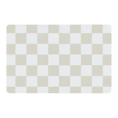 Beige Waterproof Pet Bowl Mat Top View Top view of a beige and white checkerboard waterproof pet bowl mat with rounded edges.