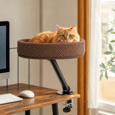 Orange cat lying in a brown elevated desk cat bed beside a computer and window