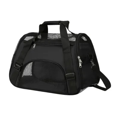 Black Mesh Pet Travel Carrier Black mesh pet travel carrier shown from the front with zippered openings and reinforced carrying straps.