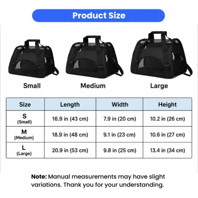 Pet Shoulder Carrier Size Chart Size chart for breathable pet shoulder carrier in small, medium and large with inch and centimeter dimensions.