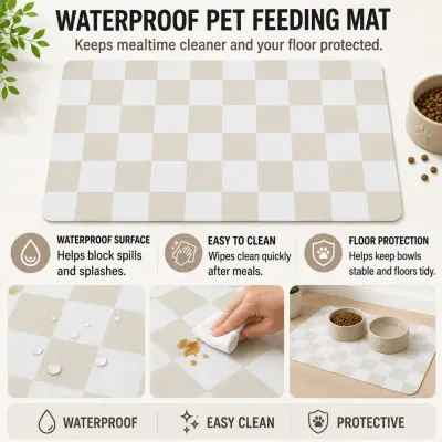 Waterproof Checkerboard Pet Feeding Mat Features Beige checkerboard waterproof pet feeding mat with easy-clean surface and floor protection features.