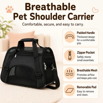 Breathable Pet Shoulder Carrier Features Breathable soft-sided pet carrier with padded handle, zipper pocket, mesh panels and removable inner pad.
