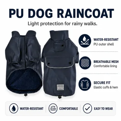 PU Dog Raincoat with Breathable Mesh Lining Navy PU dog raincoat with water-resistant shell, breathable mesh lining, elastic cuffs and adjustable hem.