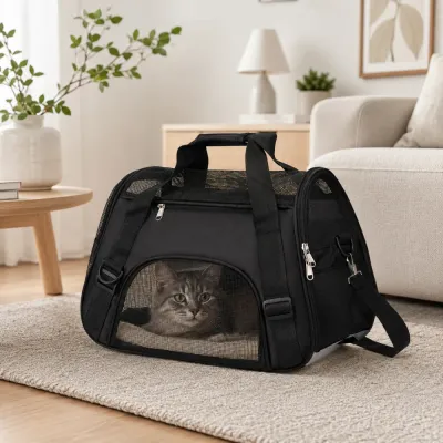 Black Soft-Sided Cat Carrier in Home Grey cat resting inside a black breathable soft-sided pet carrier in a modern living room.