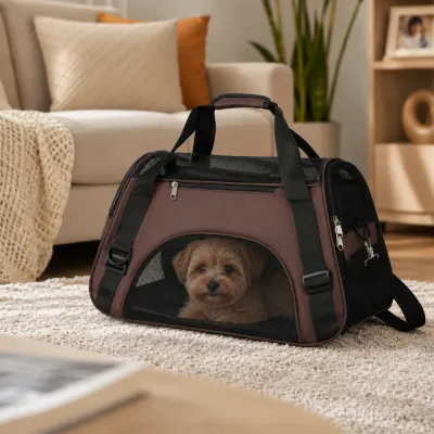 Coffee Pet Carrier for Small Dogs Small dog sitting inside a coffee brown breathable pet shoulder carrier with mesh front panel.