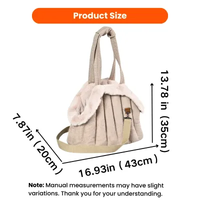 Dog carrier bag size guide showing dimensions of 16.93 by 7.87 by 13.78 inches, or 43 by 20 by 35 cm.