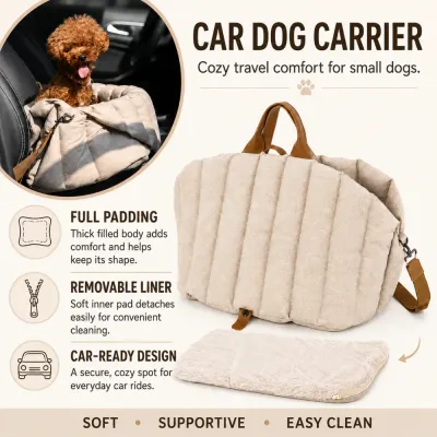 Padded car dog carrier with removable liner, shoulder strap and cozy travel design for small dogs.