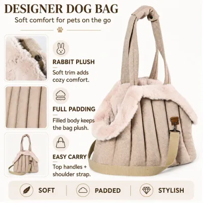 Designer dog carrier bag with soft plush trim, full padding, top handles and an adjustable shoulder strap.