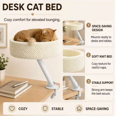 Beige desk-mounted cat bed showing soft knit fabric, stable support and space-saving design