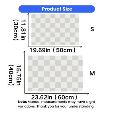 Waterproof Pet Feeding Mat Size Guide Waterproof pet feeding mat size chart showing S 19.69 x 11.81 inches and M 23.62 x 15.75 inches.