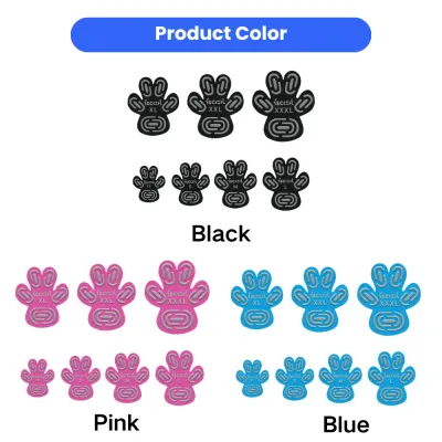 Black, pink and blue adhesive dog paw grip pads displayed by size