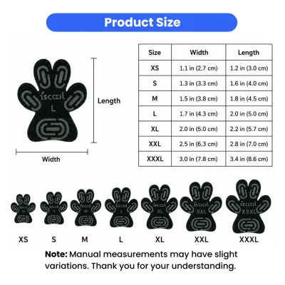 Dog toe traction pad size chart with width and length measurements from XS to XXXL
