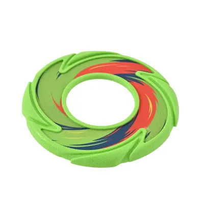 Green hollow TPR dog flying disc with colorful swirl pattern on a white background