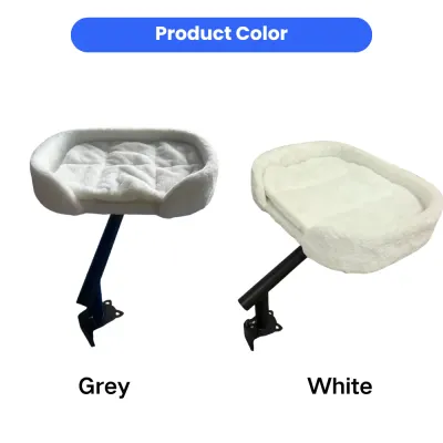 Grey and White Desk Cat Bed Color Options Grey and white color options for the plush desk-mounted cat bed with metal clamp stand