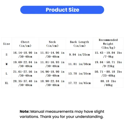 Dog Life Jacket Size Chart for Dogs Dog life jacket size chart showing chest, neck, back length and recommended weight for sizes S to XL