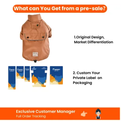 Custom Private Label PU Dog Raincoat Service Wholesale dog raincoat customization graphic showing original product design, private label packaging and dedicated order support.