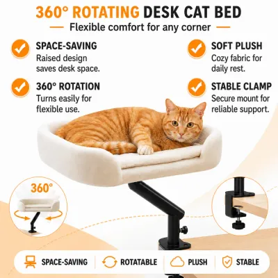 360-Degree Rotating Desk Cat Bed Features Feature overview of a 360-degree rotating desk cat bed with plush padding and a stable clamp
