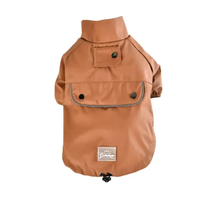 Wholesale Brown PU Dog Raincoat – Back View Brown PU dog raincoat with a high collar, snap pocket, elastic cuffs and adjustable hem on a white background.