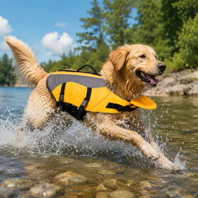 Golden Retriever Wearing a Yellow Dog Life Jacket Golden retriever running through shallow water while wearing a yellow dog life jacket