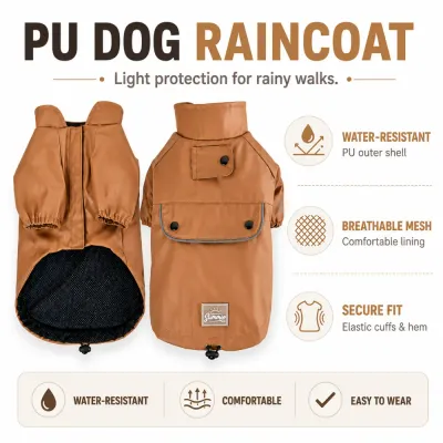 Water-Resistant PU Dog Raincoat Features PU dog raincoat feature chart showing a water-resistant shell, breathable mesh lining, elastic cuffs and easy-wear design.