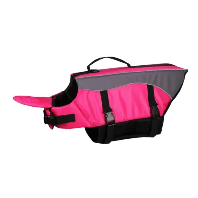 Rose Pink Dog Flotation Vest Product Display Rose pink dog flotation vest shown from the side with gray panel, carrying handle and secure buckles
