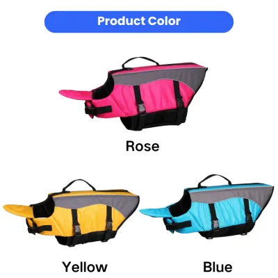 Dog Life Jacket Colors in Rose, Yellow and Blue Dog life jacket color options displayed in rose pink, yellow and blue
