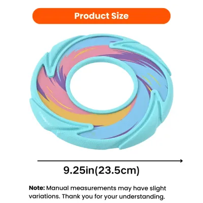 Blue hollow TPR dog flying disc measuring 9.25 inches or 23.5 centimeters in diameter