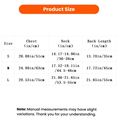 PU Dog Raincoat Size Chart – S, M and L PU dog raincoat size chart for S, M and L with chest, neck and back length measurements in inches and centimeters.