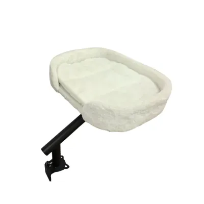 White Plush Clamp-On Desk Cat Bed White plush clamp-on desk cat bed with an angled black metal support arm