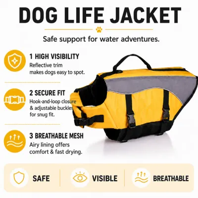 Yellow Dog Life Jacket with Adjustable Safety Features Yellow dog life jacket with top rescue handle, adjustable buckles and breathable mesh lining