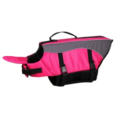 Rose Pink Dog Life Jacket Side View Rose pink dog life jacket with gray back panel, top handle and adjustable black straps on a white background