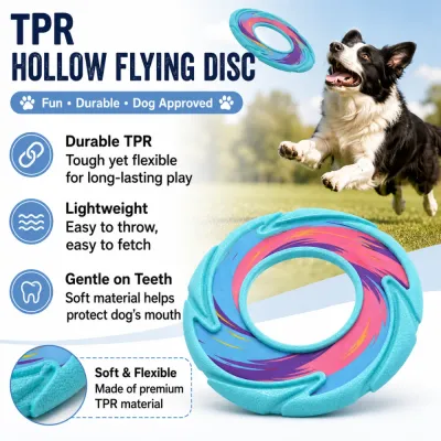 Blue hollow TPR dog flying disc with durable lightweight and teeth friendly features for outdoor fetch play