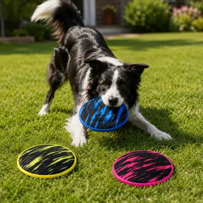 Dog Playing with Solid EVA Flying Disc Outdoors Border Collie holding a blue solid EVA flying disc on a lawn with pink and yellow discs nearby.