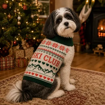 Dog Wearing Christmas Ski Club Sweater Indoor Small dog wearing a Christmas Ski Club sweater beside a decorated tree