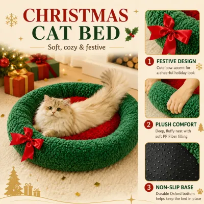 Soft Plush Christmas Cat Bed Features Cat resting in a plush Christmas cat bed with PP Fiber filling festive bow and non slip base