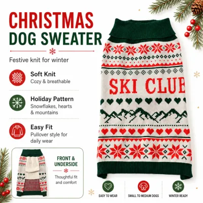 Soft Knit Christmas Dog Sweater Product Features Christmas dog sweater with soft knit holiday pattern and easy pullover fit