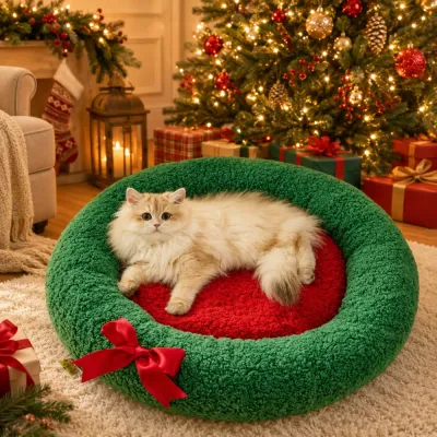 Christmas Cat Bed in Festive Living Room Fluffy cat relaxing in a green and red Christmas cat bed beside a decorated Christmas tree