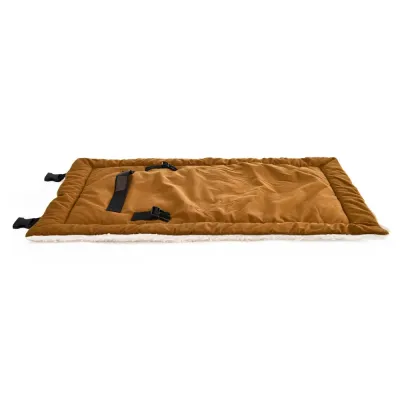 Brown portable dog mat with padded border, fastening buckles and built-in carry handle on white background