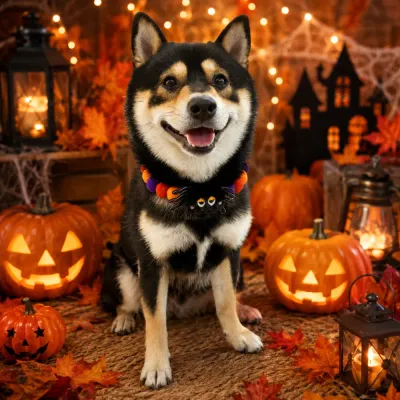 Halloween Spider Collar Worn by Dog Dog wearing a colorful plush spider Halloween collar beside glowing pumpkins