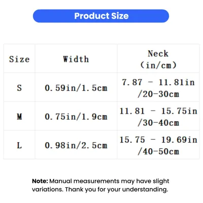 Adjustable Silicone Dog Collar Size Chart Size chart for silicone dog collars showing S M and L widths and adjustable neck measurements