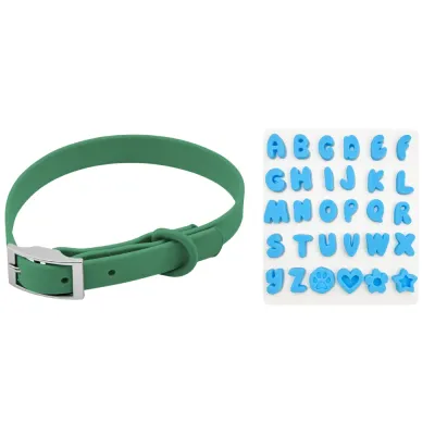 Green DIY Silicone Dog Collar with Blue Letters Green adjustable silicone dog collar displayed with blue A to Z letters and decorative charms